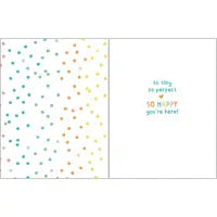 Gina B Designs Sweet Baby Dots card with colorful confetti dots and gold foil text: so tiny so perfect so HAPPY youre here!.