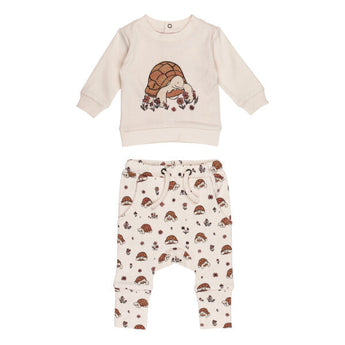 Organic Sweatshirt & Jogger Set, Tiny Tortoise: beige sweatshirt with tortoise illustration, and beige joggers with tortoise & flower print.