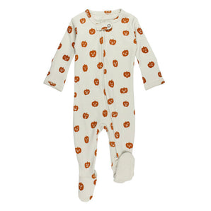 Organic Zipper Footie, Jack-o-Lanterns: beige footie pajamas with an orange pumpkin pattern and front zipper.