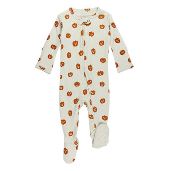 Organic Zipper Footie, Jack-o-Lanterns: beige footie pajamas with an orange pumpkin pattern and front zipper.