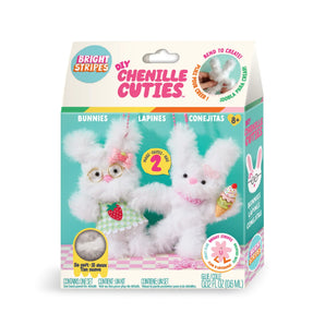 DIY Chenille Cuties, Bunny Babes: box with photo of 2 white fluffy crafted bunnies; Bright Stripes logo with text "DIY Chenille Cuties."