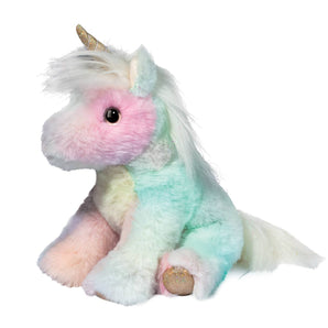 Kylie Rainbow Unicorn Mini: fluffy pastel tie dye unicorn stuffed animal with white mane & tail and gold horn & feet.