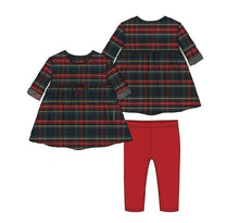 Load image into Gallery viewer, Magnetic Me, Plaid Flannel Dress Set: red &amp; blue plain flannel long sleeve dress and red pants.
