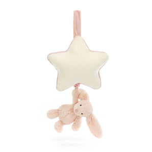 Jellycat's Musical Pull Bashful Blush Bunny hangs from a cream star handle—an ideal cozy sleep toy for babies.