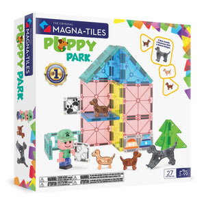 Magna-Tiles Puppy Park: white box with photo of colorful magnetic tile & dog toys; text "The Original Magna-Tiles Puppy Park."