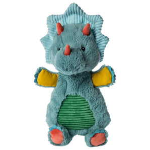 Meet Lovey, Pebblesaurus by Mary Meyer: a plush blue triceratops with orange horns, green belly, and yellow wings—a babys best friend!.