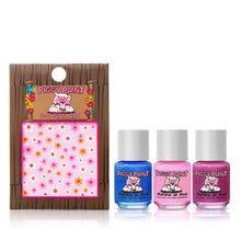 Load image into Gallery viewer, Piggy Paint Gift Set Scented Fruit Fairy: 3 hypoallergenic nail polishes in blue, light, dark pink &amp; floral-themed 3D nail art set.
