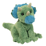 Roarie Green Dino Mini: fluffy green & blue triceratops stuffed animal with cream horns.