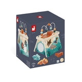 Dino Multi-activity volcano: dark gray box with photo of blue, tan, & brown wood volcano toy and wood dinosaur figures.