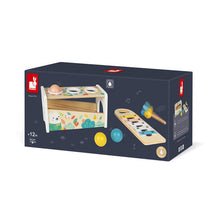 Load image into Gallery viewer, Janod Juratoys Wooden Xylophone set includes a xylo, colorful balls, and a mallet, ideal for skill-building from 12 months up.
