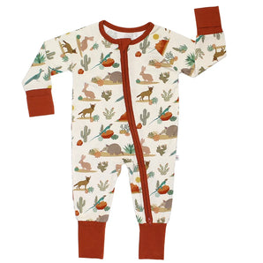 Emerson and Friends Sleeper, Desert Friends onesie features desert wildlife prints with rust trim and a two-way zipper.