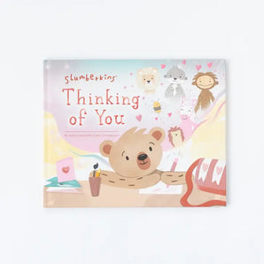 Slumberkins Thinking of You book cover shows a smiling Honey Bear with hearts and animals on a pastel background.