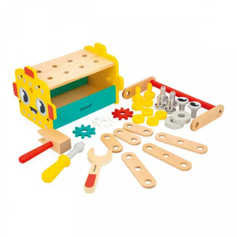 Brico'kids DIY Robot Tool Box is deconstructed with all tools laid flat in front of it.