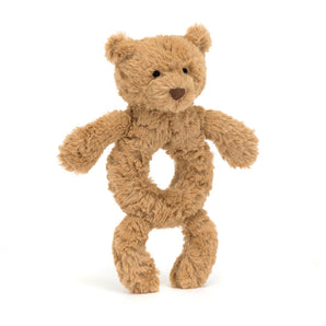 Bartholomew Bear Ring Rattle by Jellycat is a plush teddy bear rattle with a circular hole, shown upright on a white background.