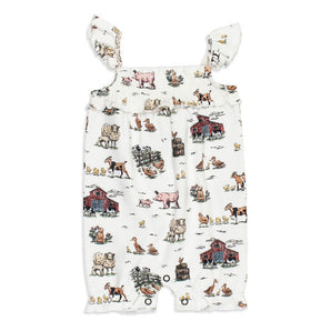 Organic Bubble Romper, Farm Friends: white romper with ruffle straps and farm animal & barn pattern; made of 100% organic cotton.