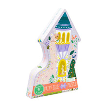 Load image into Gallery viewer, Charming 20-piece puzzle by Floss and Rock in a castle-shaped box with vibrant fairy tale princess, dragon, and nature illustrations.

