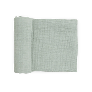 Little Unicorn Organic Cotton Muslin Swaddle in White Sage, OEKO-TEX certified, partially unrolled on a white background.