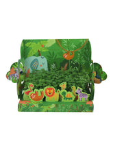 Load image into Gallery viewer, Discover Buzzy Seeds Pop-Up Garden, Jungle with cartoon lions, elephants, and zebras in vibrant green scenery.
