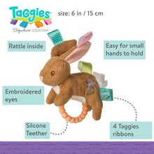 Load image into Gallery viewer, The Mary Meyer Rattle, Harmony Bunny is a plush brown bunny with baby-safe eyes, silicone teether, Taggies ribbons &amp; easy-grip rattle.

