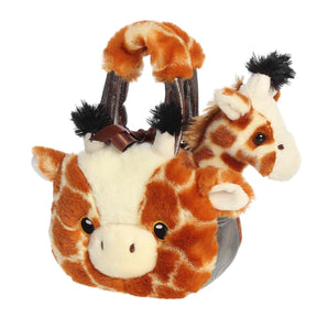 Aurora Giraffe Purse: adorable handbag with matching plush giraffe, both with irresistibly soft, fuzzy textures.
