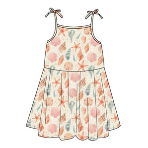 The Emerson and Friends Sundress, Sandy Seashells, is buttery soft bamboo with thin shoulder ties.