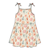 The Emerson and Friends Sundress, Sandy Seashells, is buttery soft bamboo with thin shoulder ties.