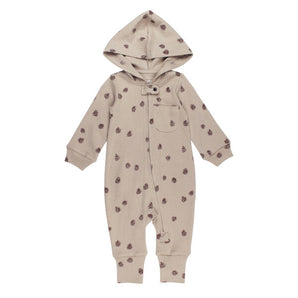 Organic Zipper Romper, Oatmeal Pinecone: tan romper with pinecone pattern, hood, and front zipper.