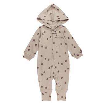 Organic Zipper Romper, Oatmeal Pinecone: tan romper with pinecone pattern, hood, and front zipper.