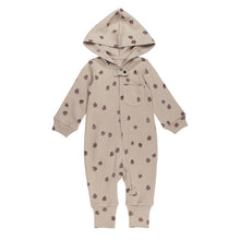 Load image into Gallery viewer, Organic Zipper Romper, Oatmeal Pinecone: tan romper with pinecone pattern, hood, and front zipper.
