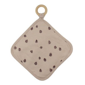 Organic Lovey, Oatmeal Pinecone: tan square lovey with pinecone pattern attached to wooden ring.