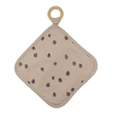 Organic Lovey, Oatmeal Pinecone: tan square lovey with pinecone pattern attached to wooden ring.