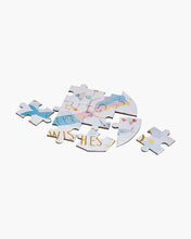Load image into Gallery viewer, Floss and Rocks 80 Piece Puzzle, Fantasy: partially assembled with cartoon clouds, stars, and WISHES on a white background.
