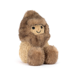 Jellycat Amuseables Peanut Yeti Outfit: A plush toy with a round face, tan fur hood, fluffy hands and feet, smiling upright.