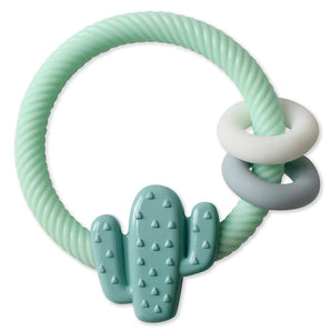 Itzy Ritzy Itzy Rattle, Cactus: a mint green silicone teether and rattle with two round beads, perfect for soothing baby.