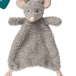 Mary Meyer Again Friends Mouse Lovey: a plush, eco-friendly gray mouse with big ears and pink nose, made from recycled plastics.