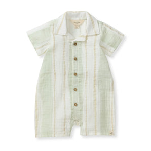 Romper, Pacific Stripe: pale green, tan, & white striped button down short sleeve romper; made of 100% organic cotton.