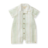 Romper, Pacific Stripe: pale green, tan, & white striped button down short sleeve romper; made of 100% organic cotton.