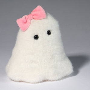 Pinky Ghost: fluffy white ghost stuffed animal with pink hair bow.