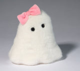 Pinky Ghost: fluffy white ghost stuffed animal with pink hair bow.