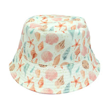 Load image into Gallery viewer, Emerson and Friends Reversible Bucket Hat, Sandy Seashells features a vibrant seashell and starfish pattern on a white background.
