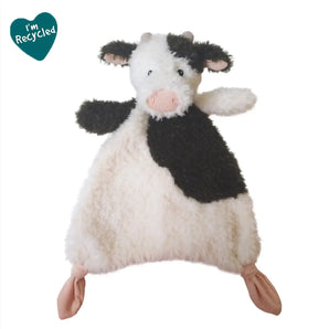 Mary Meyer Again Friends Spotted Cow Lovey: super soft, black/white fur, pink nose, and 'I'm Recycled' heart label.