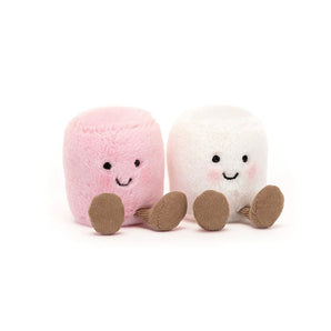 Jellycat Amusuables Pink and White Marshmallows: two smiling plush marshmallows, one pink, one white, sitting side by side.