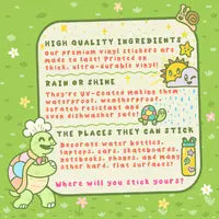 Turtle Soups Cowdy Vinyl Sticker features a chef turtle on green with stars, highlighting its premium quality and waterproof design.