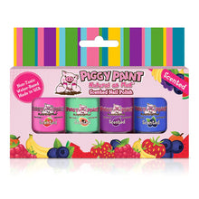 Load image into Gallery viewer, Piggy Paints Gift Set Scented Fruit Fairy includes four colorful, hypoallergenic nail polishes with fruit illustrations. Made in the USA.
