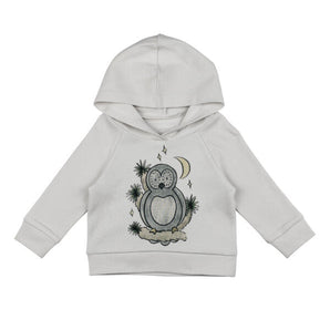 Front view of Organic Hoodie, Owl Hoo?: gray raglan hoodie made of 100% cotton with an owl illustration.
