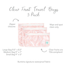 Load image into Gallery viewer, Infographic of Bumkins Clear Travel Bag 3-Pack: Bumkins signature waterproof fabric, clear fronts are TSA-compliant, zipper closures.
