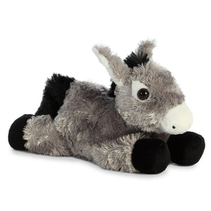Aurora's Mini Flopsie Donkey plush lies on its stomach with black hooves and a white snout, facing slightly right.