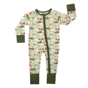 Sleeper, Tee Time: light green long sleeve pajamas with golf course pattern, green cuffs, & front zipper; made of bamboo viscose.