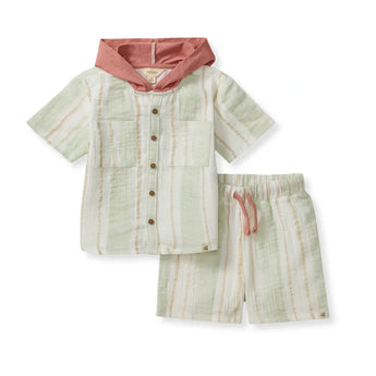 Back of Hooded Shirt and Shorts Set, Pacific Stripe: pale green, tan, & white striped button down shirt with hood & matching shorts; 100% cotton.