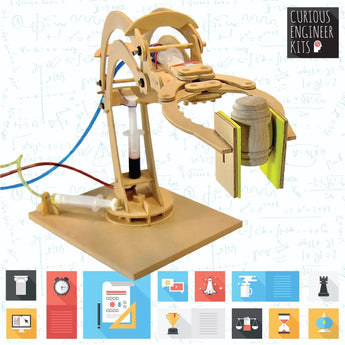 The Make A Robotic Arm Kit by Copernicus Toys offers hands-on learning with a syringe mechanism and hydraulic principles on a stand.